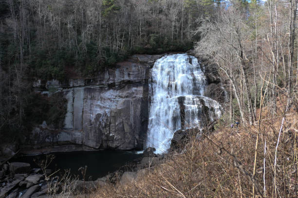 Rainbow Falls in Gorges State Park, North Carolina.  View from atop but down below can be seen a viewing platform.