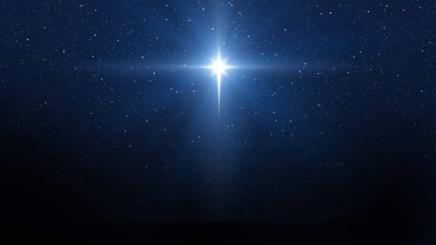 fondo de hermoso cielo estrellado azul oscuro y estrella brillante. estrella de navidad de la natividad de belén, natividad de jesucristo - natividad fotografías e imágenes de stock