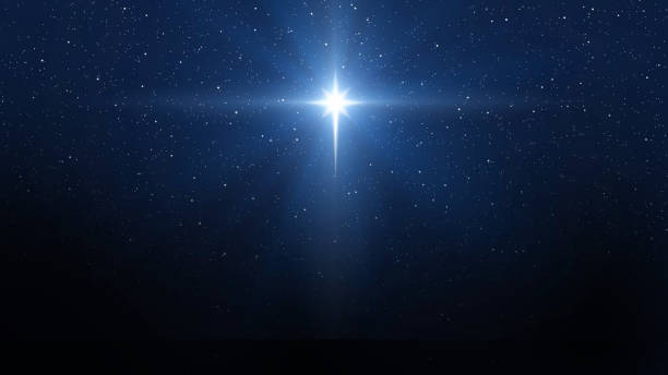 background of beautiful dark blue starry sky and bright star. christmas star of the nativity of bethlehem, nativity of jesus christ - kerststal stockfoto's en -beelden