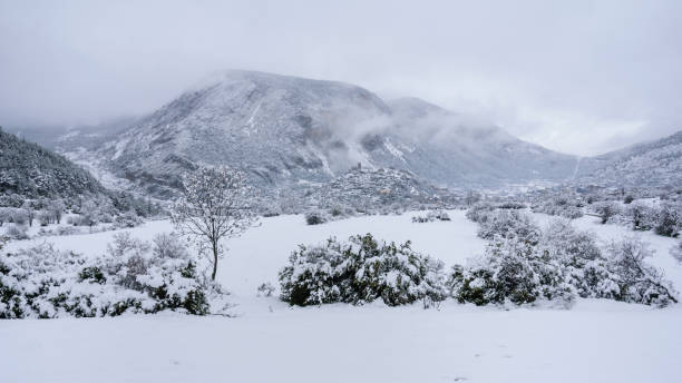 Gósol Valley after a spring snowfall (Berguedà, Pyrenees, Catalonia, Spain) stock photo