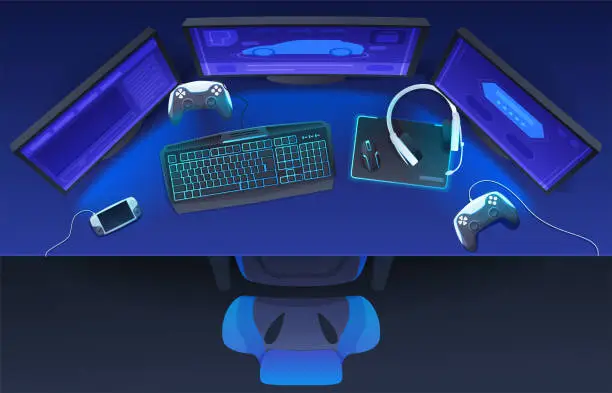Vector illustration of Dark neon gamer workspace vector isometric illustration. Top view digital game room with computer