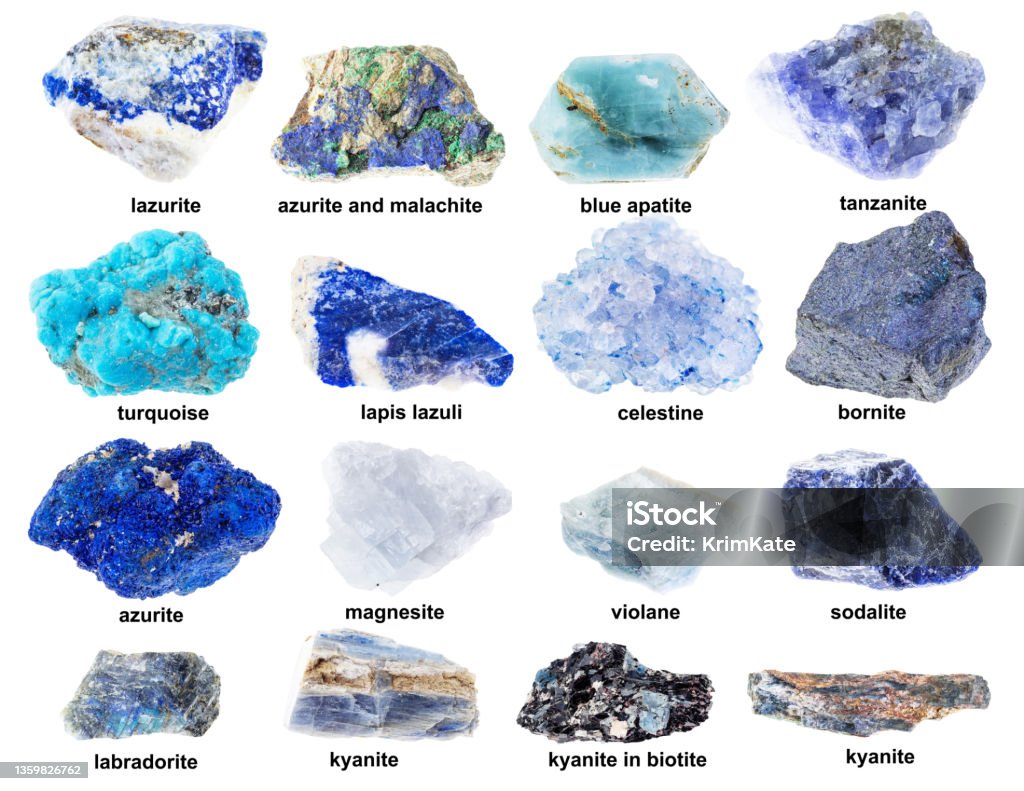 set of various blue raw stones with names set of various blue raw stones with names cutout on white background Gemstone Stock Photo