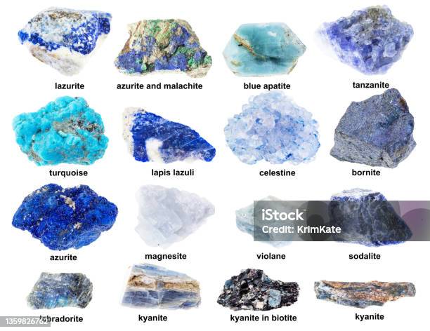 Set Of Various Blue Raw Stones With Names Stock Photo - Download Image Now - Gemstone, Tanzanite, Rough
