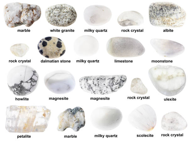 set of various tumbled white and colorless stones with names cutout on white background