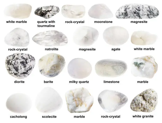 set of various polished white and colorless stones with names cutout on white background