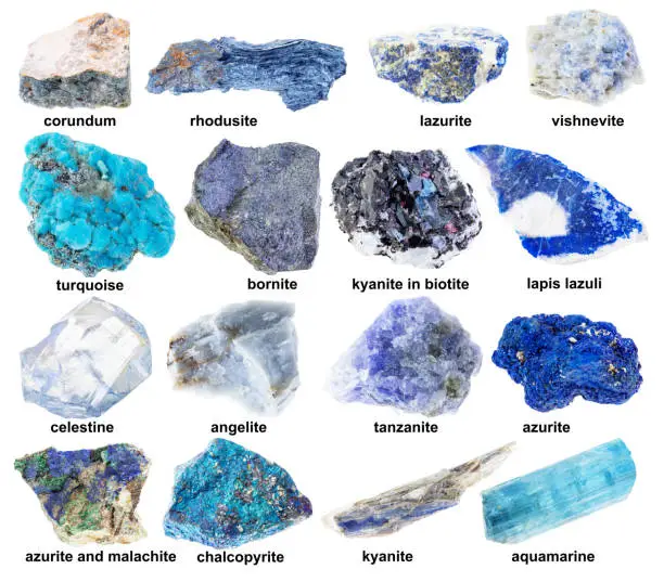 set of various blue raw minerals with names cutout on white background