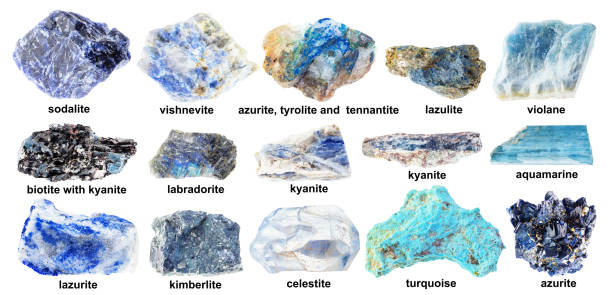 set aus verschiedenen blauen unpolierten steinen mit namen - sulfide stock-fotos und bilder
