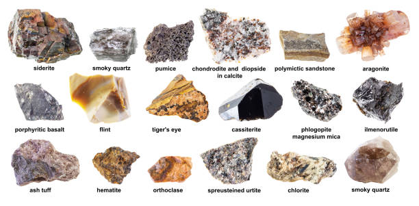 이름이 있는 다양한 갈색 원시 돌 세트 - hematite rock stone mineral 뉴스 사진 이미지