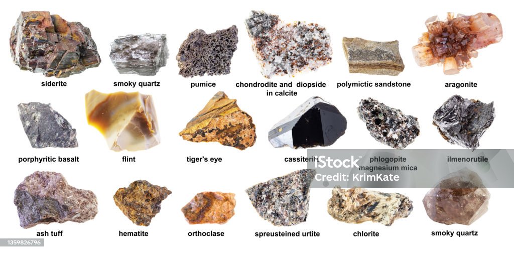 set of various brown raw stones with names set of various brown raw stones with names cutout on white background Gemstone Stock Photo