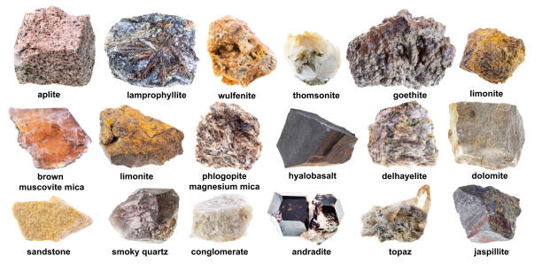 set of various brown raw minerals with names cutout on white background
