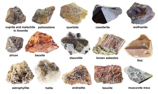 set of various brown rough minerals with names set of various brown rough minerals with names cutout on white background flint stone stock pictures, royalty-free photos & images