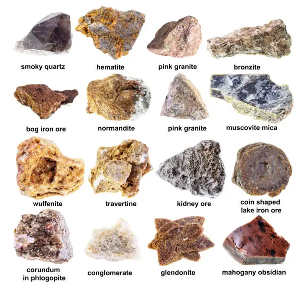 set of various brown raw rocks with names cutout on white background