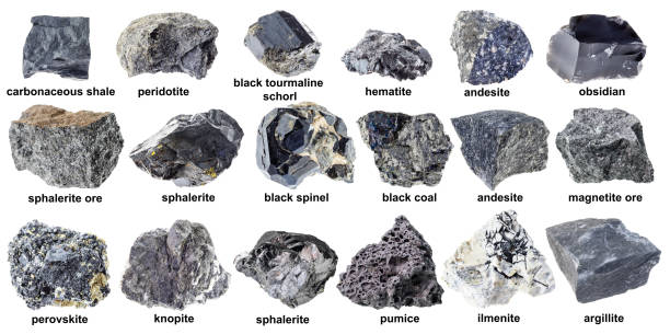 이름 컷 아웃다양한 광택 없는 검은 바위 - hematite rock stone mineral 뉴스 사진 이미지