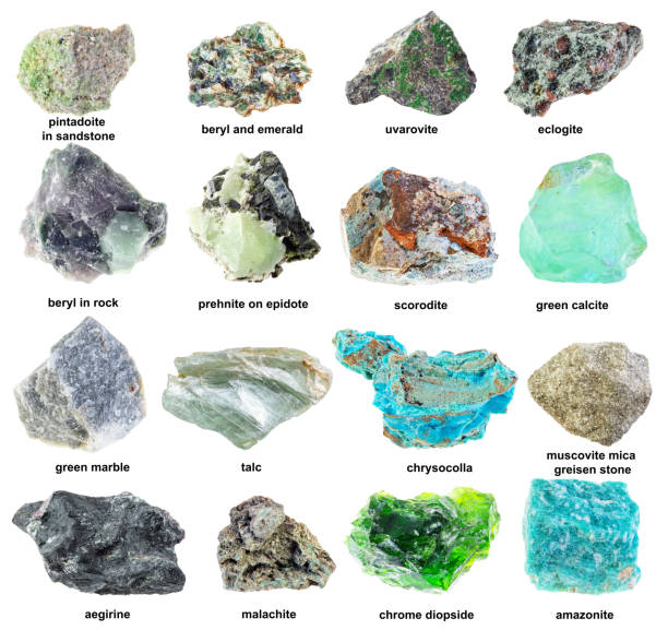 arious raw green rminerals with names cutout set of various raw green rminerals with names cutout on white background names of marbles stock pictures, royalty-free photos & images