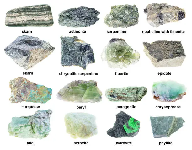 set of various rough green minerals with names cutout on white background