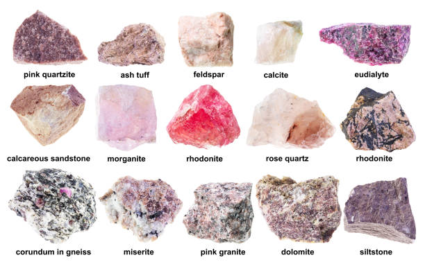 set of various raw pink stones with names cutout stock photo