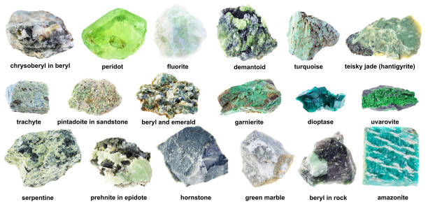 set of various raw green rocks with names cutout set of various raw green rocks with names cutout on white background names of marbles stock pictures, royalty-free photos & images