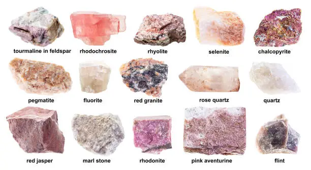 Photo of set of various unpolished pink rocks with names