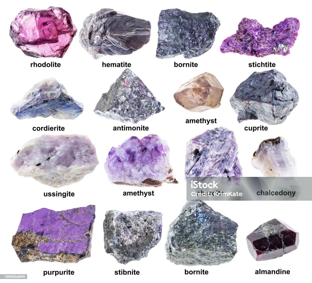 rough charoite (charoitite) stone on white set of various unpolished gray stones with names cutout on white background Mineral Stock Photo