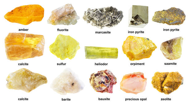 set of various unpolished yellow rocks with names stock photo