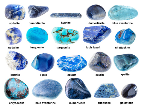 set of various tumbled blue stones with names cutout on white background