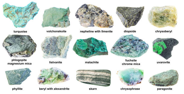 set of various natural green minerals with names stock photo