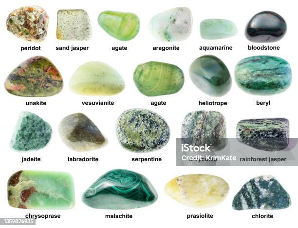 Set Of Various Polished Green Minerals With Names Stock Photo