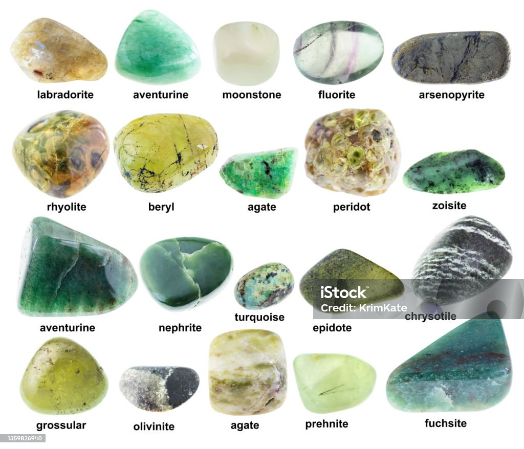 Set Of Various Polished Green Minerals With Names Stock Photo - Download  Image Now - Stone - Object, Agate, Mineral - iStock