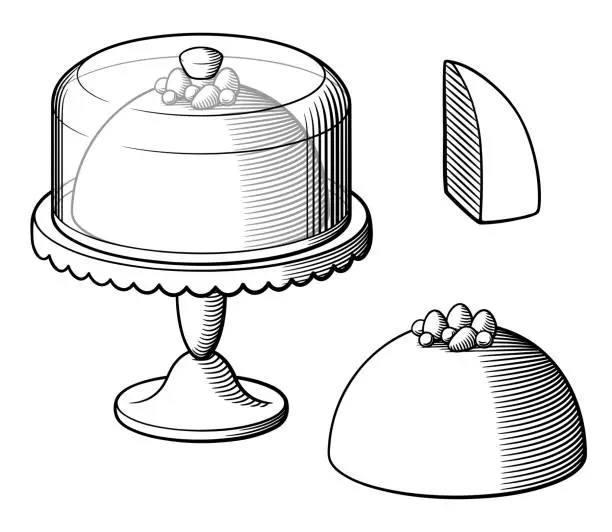 Vector illustration of Cake on a cake stand and cake slice. Black and white