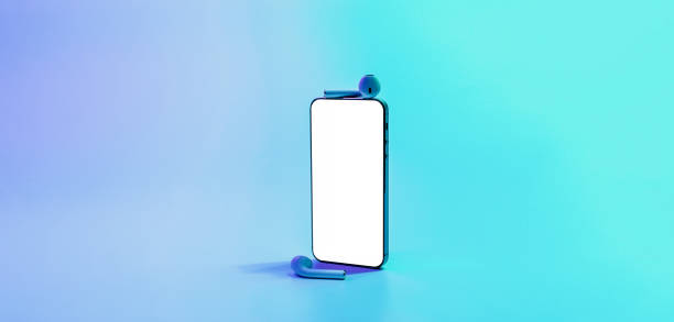 istock Screen mockup. Mobile smartphone technology blank screen. Mock up smart phone device, audio headphones on neon gradient banner. Game design, mobile application presentation or portfolio mockups. 1359828777