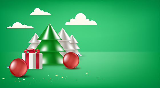 Christmas composition with abstract pines, gift box and baubles. 3d vector banner with copy space