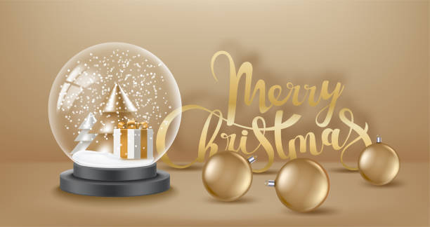 istock Glass snowball with gift box and golden christmas tree. 3d vector banner with copy space 1359830544