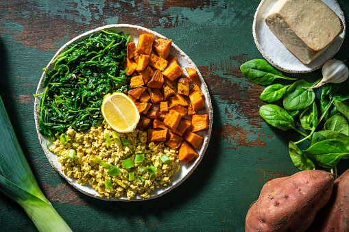 Tofu salad scramble breakfast vegan recipe homemade all plant based ingredients as sweet potatoes, tofu, spinach, olive oil, onion, paprika powder, rosemary, thyme, black pepper, turmeric, vegan mayonnaise, green onion, garlic, soy sauce.