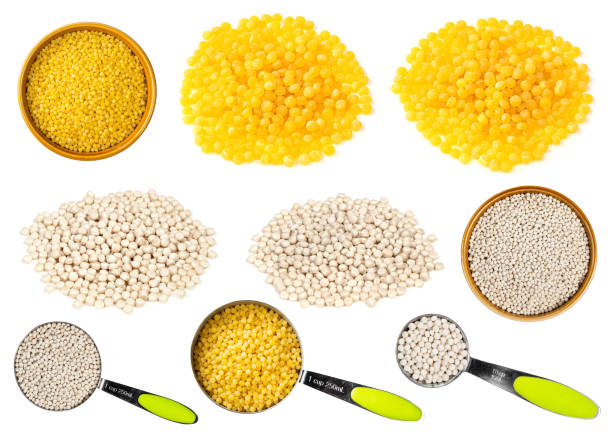 set of various ptitim (pearl couscous) cutout set of various ptitim (pearl couscous) cutout on white background food sample cups stock pictures, royalty-free photos & images