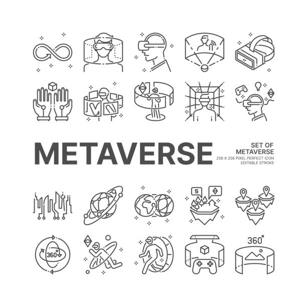 ilustraciones, imágenes clip art, dibujos animados e iconos de stock de icono de línea metaverso establecido con vr, realidad virtual, juego, cyber futurista y concepto de metaverso más, vector de icono perfecto de 256x256 píxeles, trazo editable. - ciberespacio