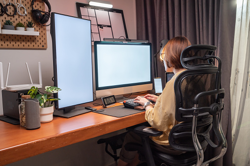 Asian woman working at home, Home office for work of place