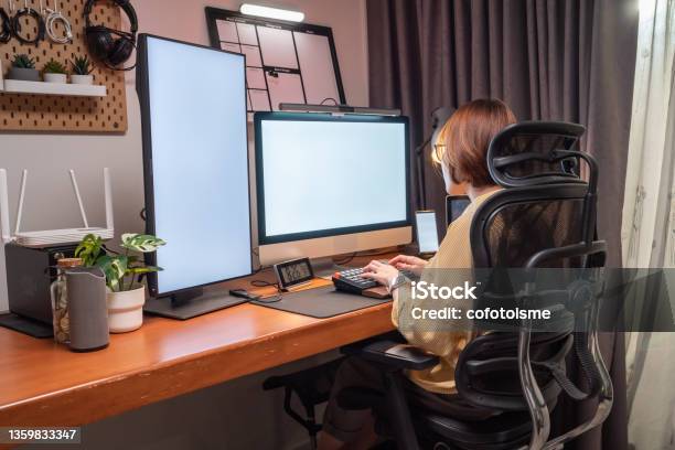Asian Woman Working At Home Home Office For Work Of Place Stock Photo - Download Image Now