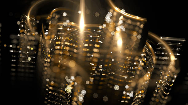 Christmas Lights Abstract Snowflake Ornament Firework Chandelier Candle Gold Orange Black Background Christmas New Year's Eve Day Birthday Fun Holiday Confetti Bubble Flowing Tinsel Striped Pattern Fantasy Light Leak Digitally Generated Image 16x9 Format Fractal Fine Art for presentation, flyer, card, poster, brochure, banner luces de navidad abstracto copo de nieve ornamento fuegos artificiales lámpara de araña vela oro naranja negro fondo navidad día de nochevieja cumpleaños diversión vacaciones confeti burbuja fluyendo oropel patrón rayado fantasía luz fuga 16x9 forma
