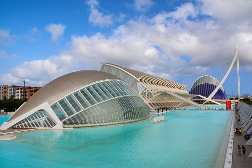 Valencia, Spain - August 18, 2021: Wide angle view of the City of Arts and Sciences by day. Is a spectacular and imposing space designed by the architect Santiago Calatrava.