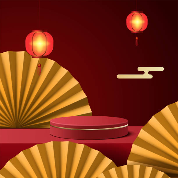istock Abstract minimal mock up scene. podium for show product display. stage pedestal or platform. Chinese new year red background . 3D vector 1359834902