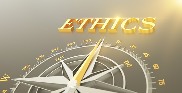3d render image.  Compass needle pointing the word Ethics.