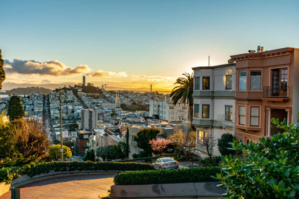 the crookedest street in the world lombard street. san francisco is lightened by morning sun. - san francisco county fotos imagens e fotografias de stock