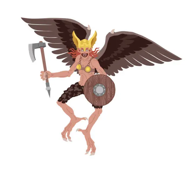 Vector illustration of A valkyrie in a golden helmet flies on wings. A female warrior. A Scandinavian mythical character.