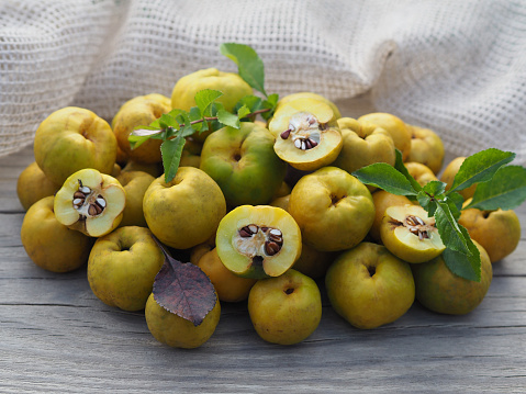 Ripe yellow fruit of the shrub Chaenomeles japonica on a wooden background closeup, top view. Seasonal autumn quince crop with vitamin C and sour taste. Gardening and cultivation of useful plants