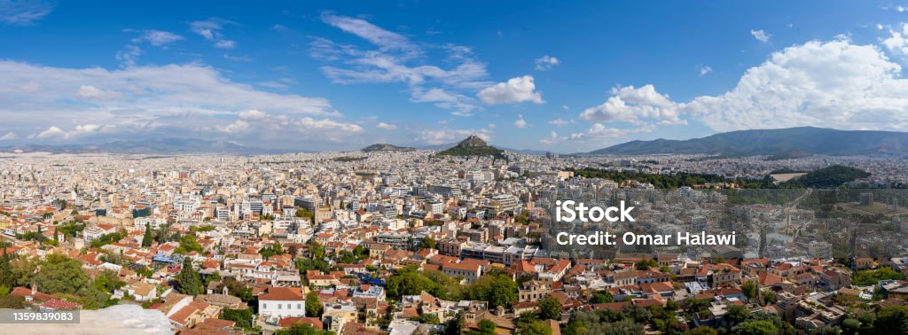 Panoramic view of  Mount Lycabettus and Church of Agios Georgios Lycabettus and showing the city around the mounten. Ancient Stock Photo