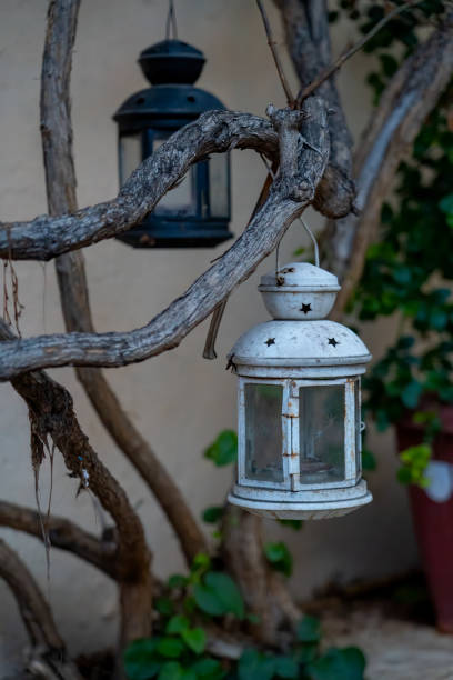 istock White colored lantern focused in front and a black in the background both hanging from a tree branch. 1359839745