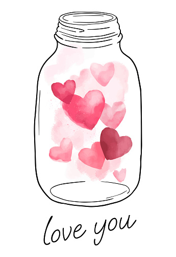 card for valentine's day, cartoon bottle with watercolour hearts inside