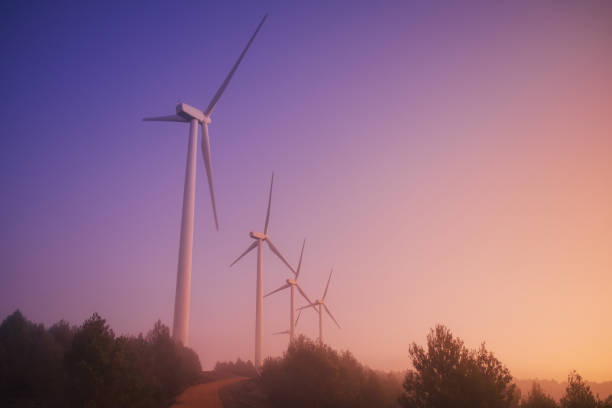 Wind farm in Navarre (Spain) at misty sunrise. Renewable energy concept.