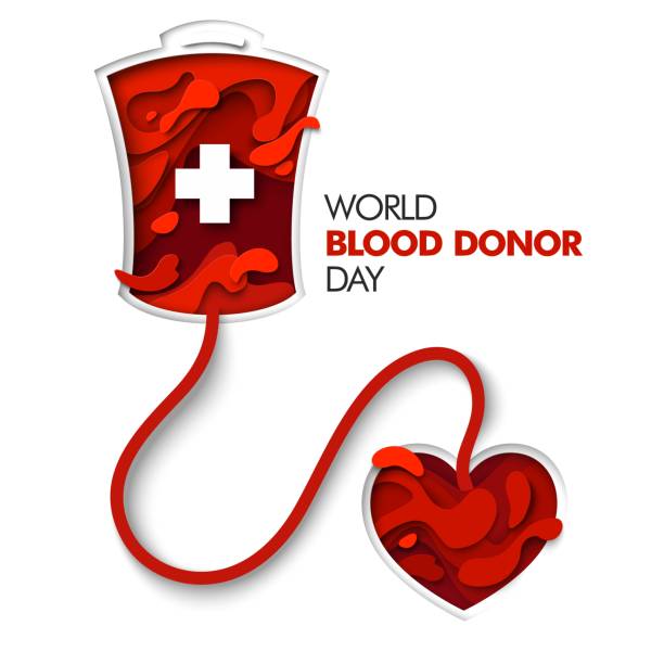 ilustrações de stock, clip art, desenhos animados e ícones de world blood donor day vector poster template. paper cut red blood bag connected to heart. blood donation. - blood bag