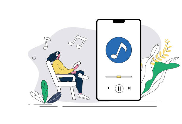 Woman relaxing listening to music with mobile phone Woman relaxing listening to music with mobile phone podcast mobile stock illustrations